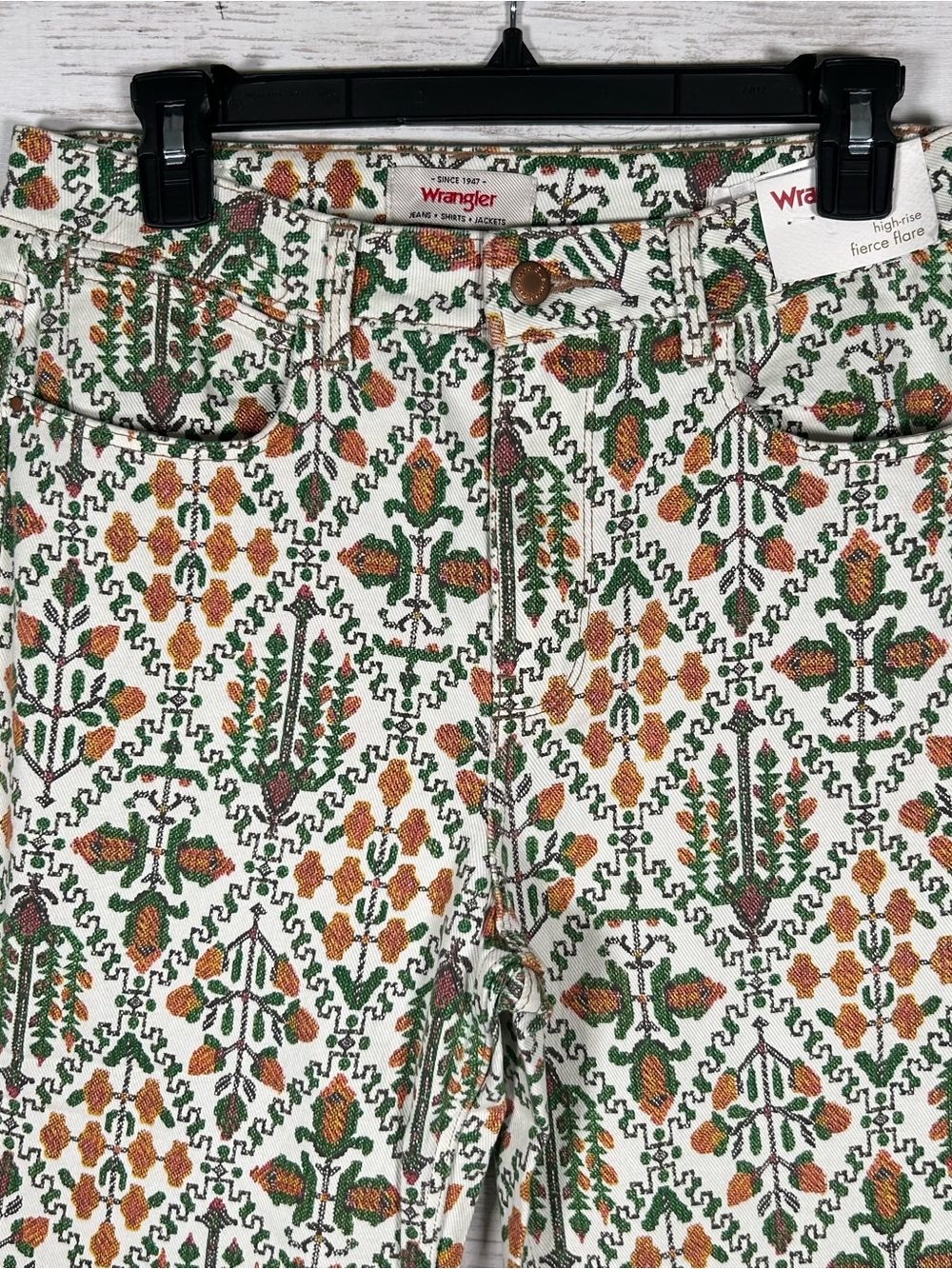 Wrangler High Rise Fierce Flare Jeans Floral Cross Stitch Print 12/ 31x32 NWT - Picture 6 of 9